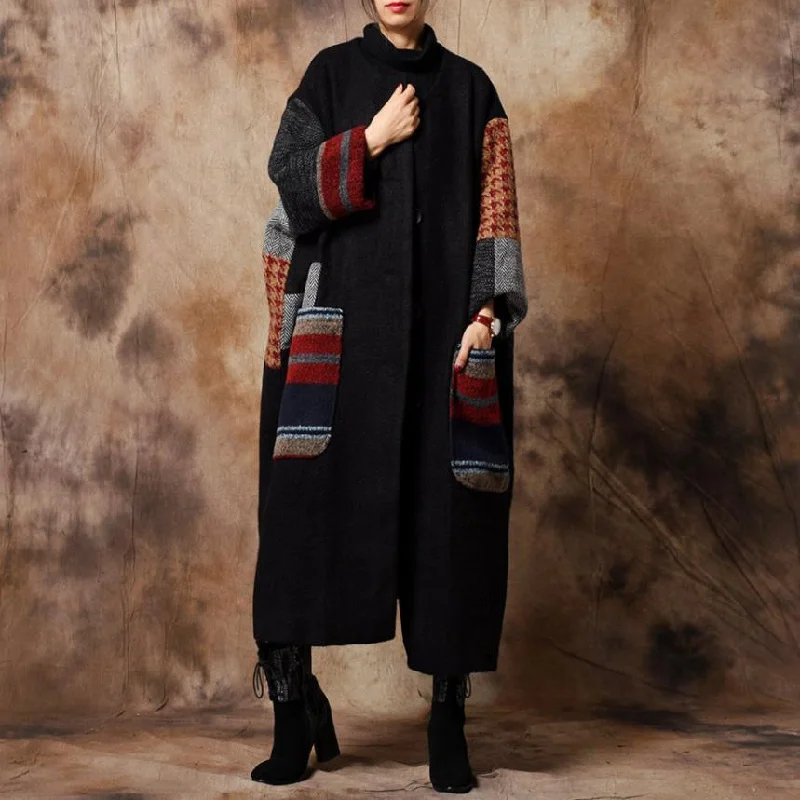 Luxury Black Woolen Coats Oversize Maxi Coat O Neck Patchwork Woolen Outwear